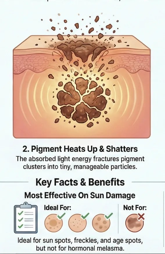 Step 2: pigment heats up and shatters; ideal for sun spots, freckles and age spots, not hormonal melasma