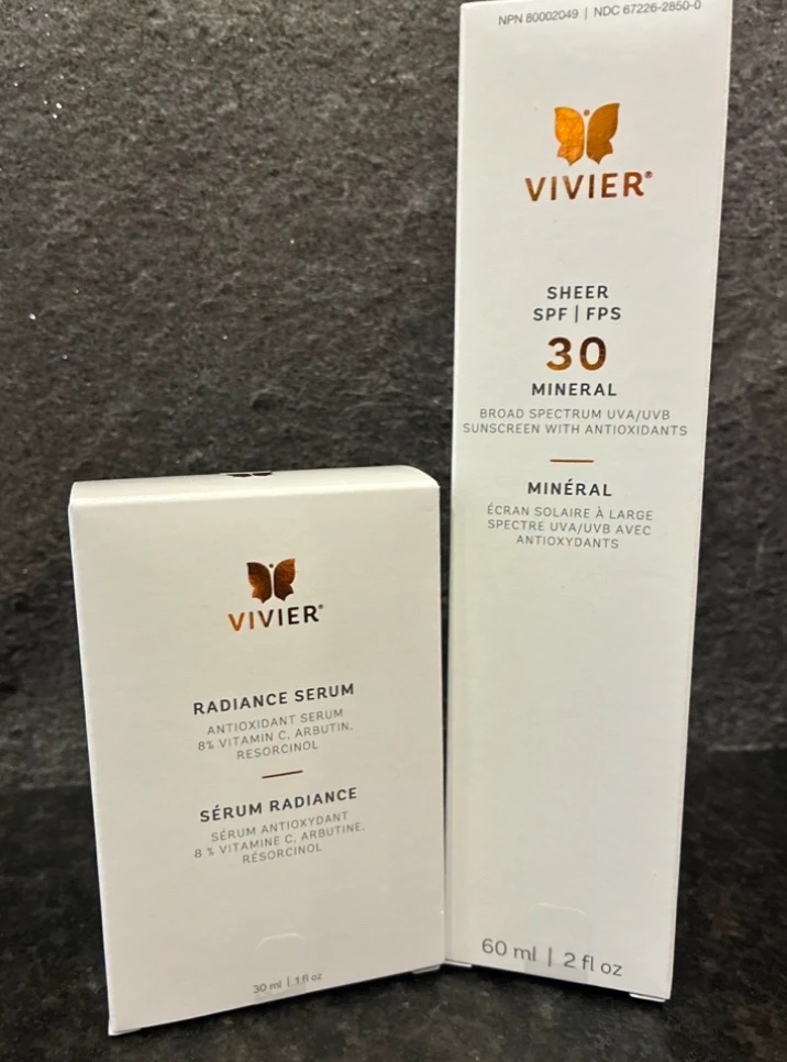 The free skincare set: Vivier Radiance Serum and Sheer SPF 30 Mineral sunscreen